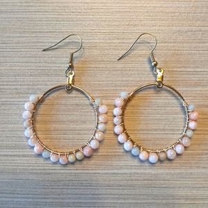 Pink, white and gray natural shell bead earrings wire wrapped on gold tone hoops